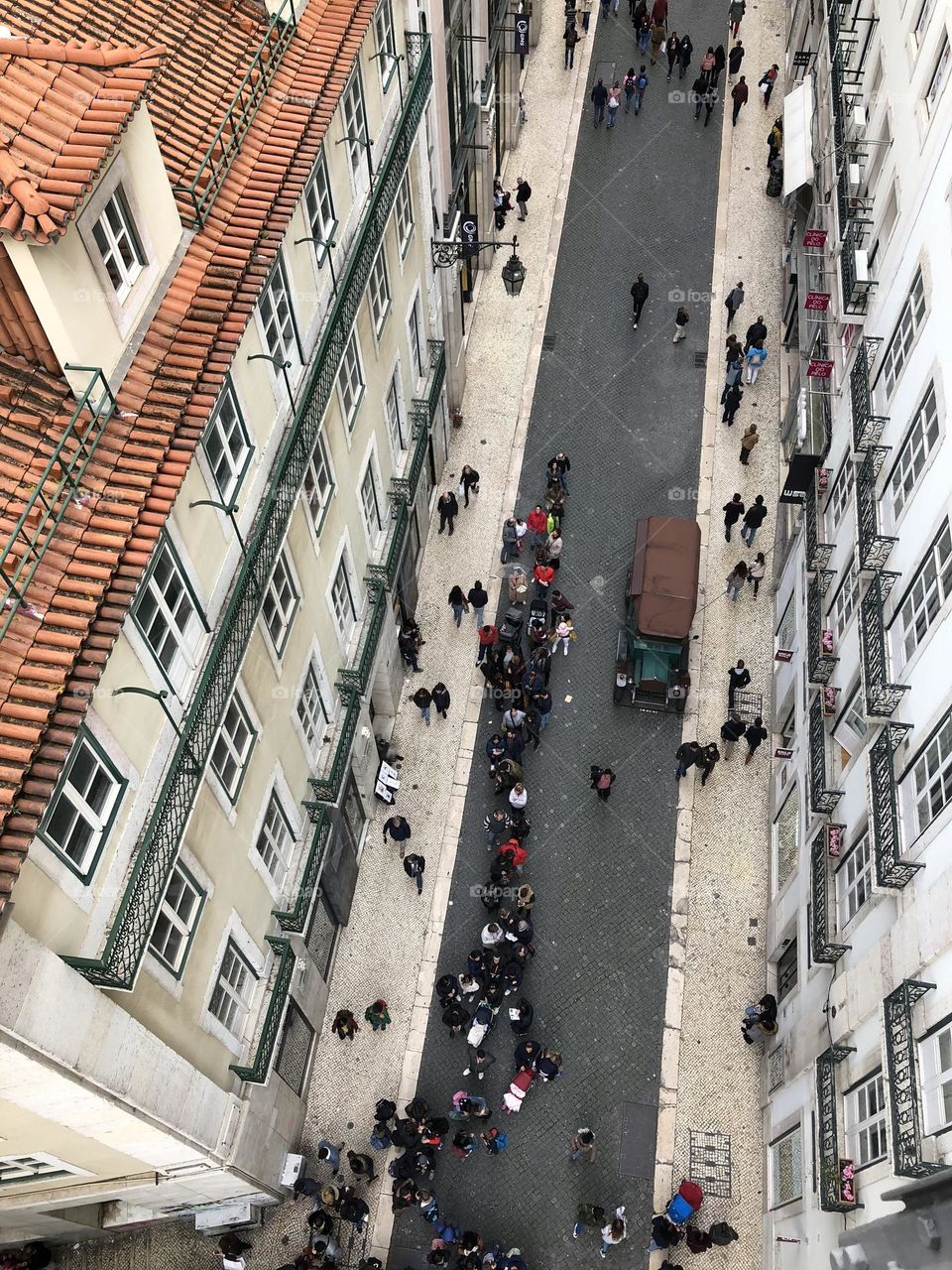 Aerial view of Lisbon shopping street, street from above, crowdy street from above, european cities, shopping district, historical centre 