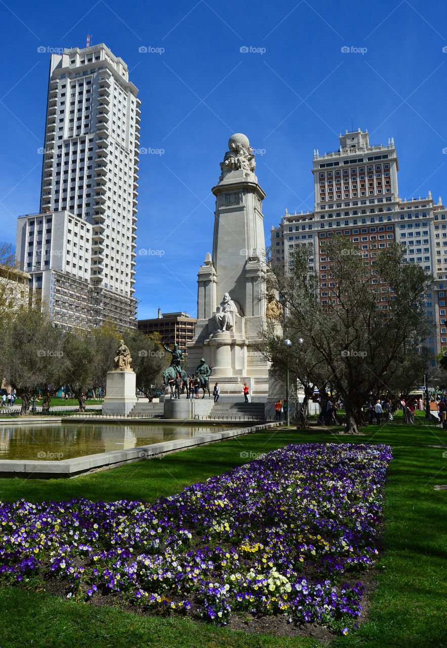 Plaza de España with monument to writer Miguel de Cervantes in the centre.