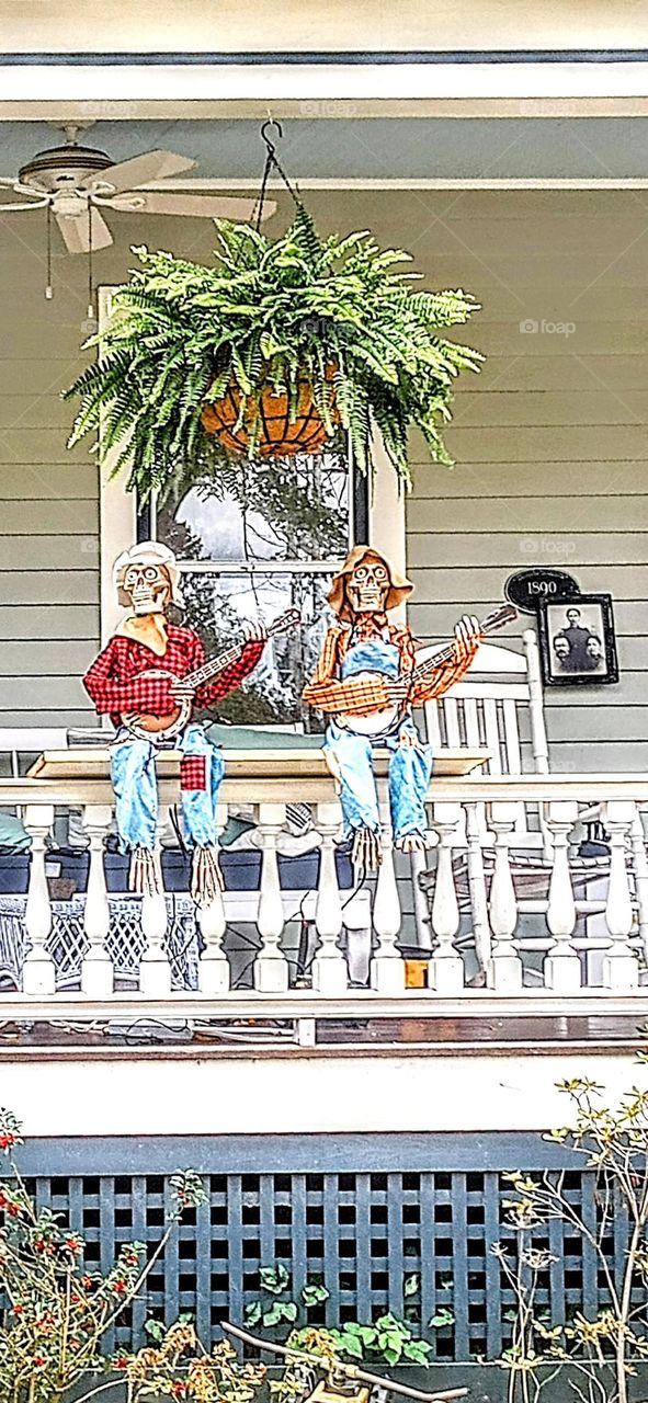 Skeleton Musicians on the Porch