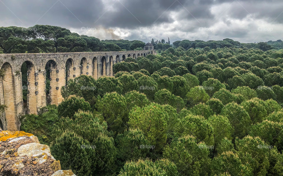 A pine forest sits aside the 6 kilometre aqueduct of the Convento de Cristo built 1593-1614, Tomar, Portugal 2021