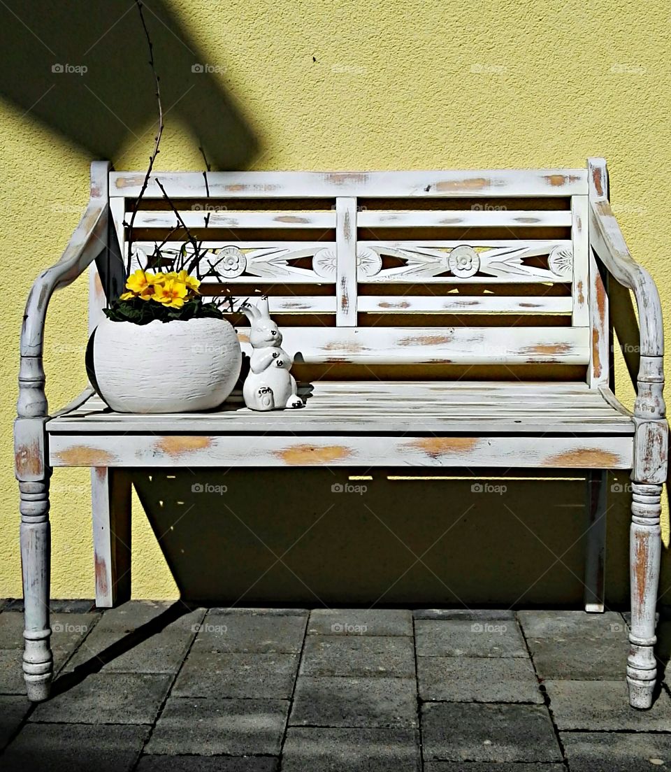 Flower pot on bench by wall