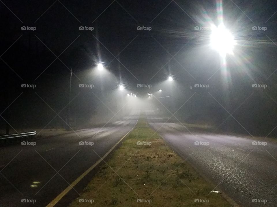 foggy highway lights