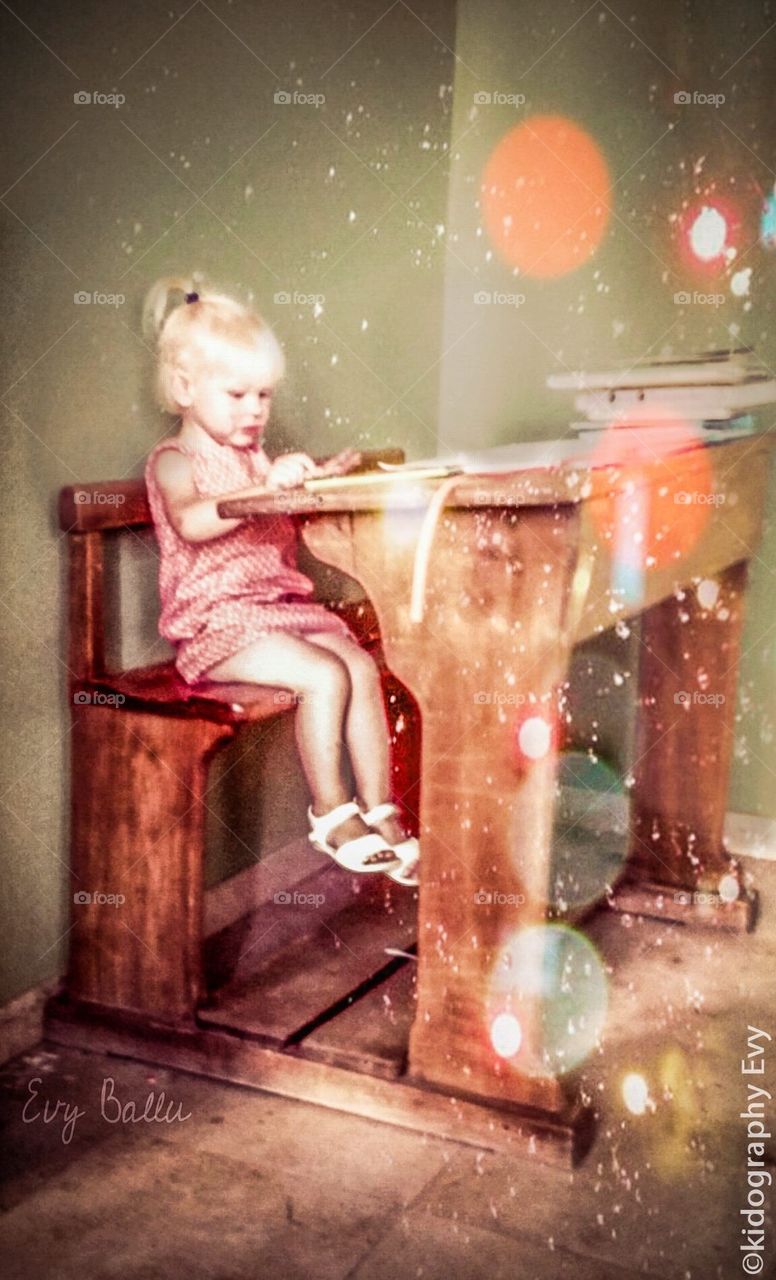 Little Girl on old school desk art