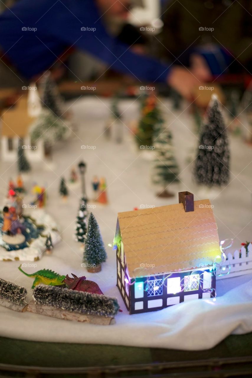 Happy Christmas miniature village and train set