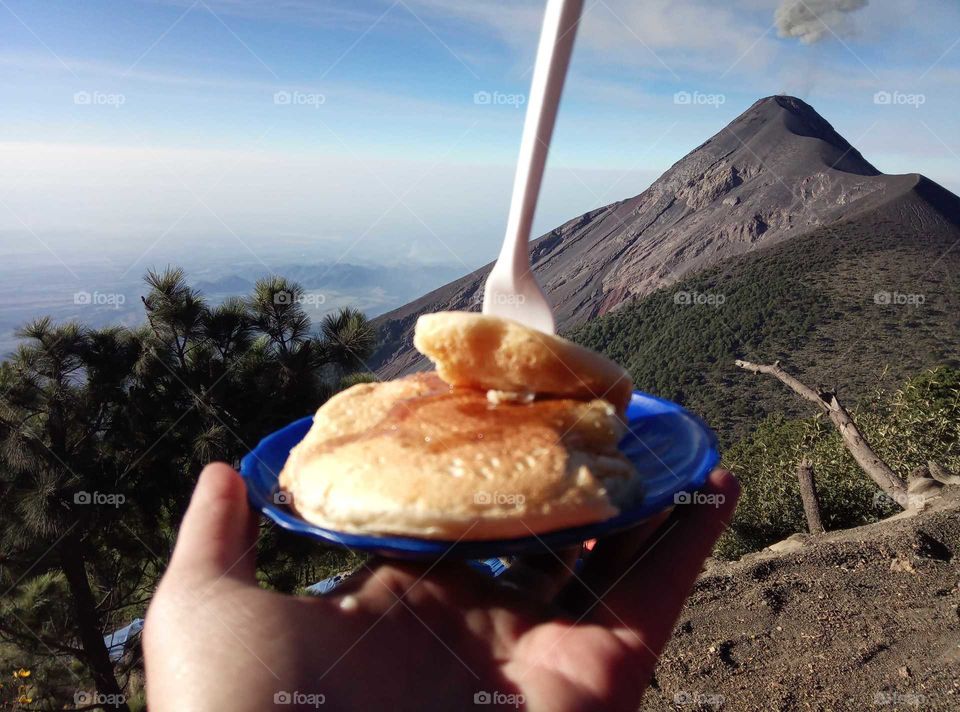 pancakes as breakfast on a volcano...incredible tasty with that view