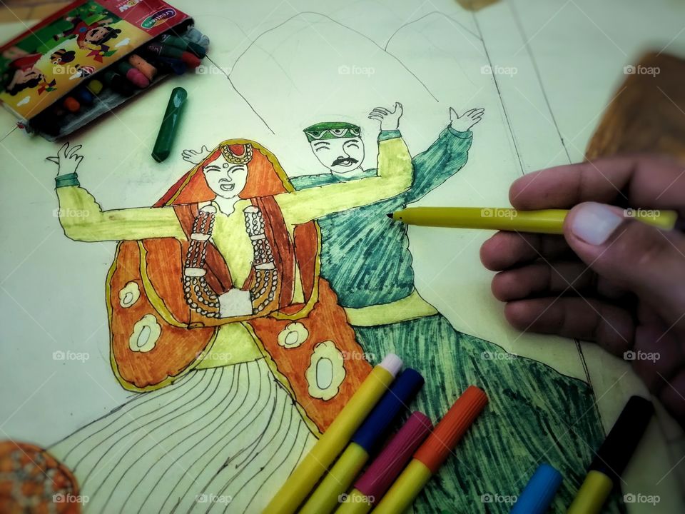 Beautiful couple dancing posture of Himachal Pradesh in India.My Hobby to draw a picture with pencil and fill the sketch color or wax color .