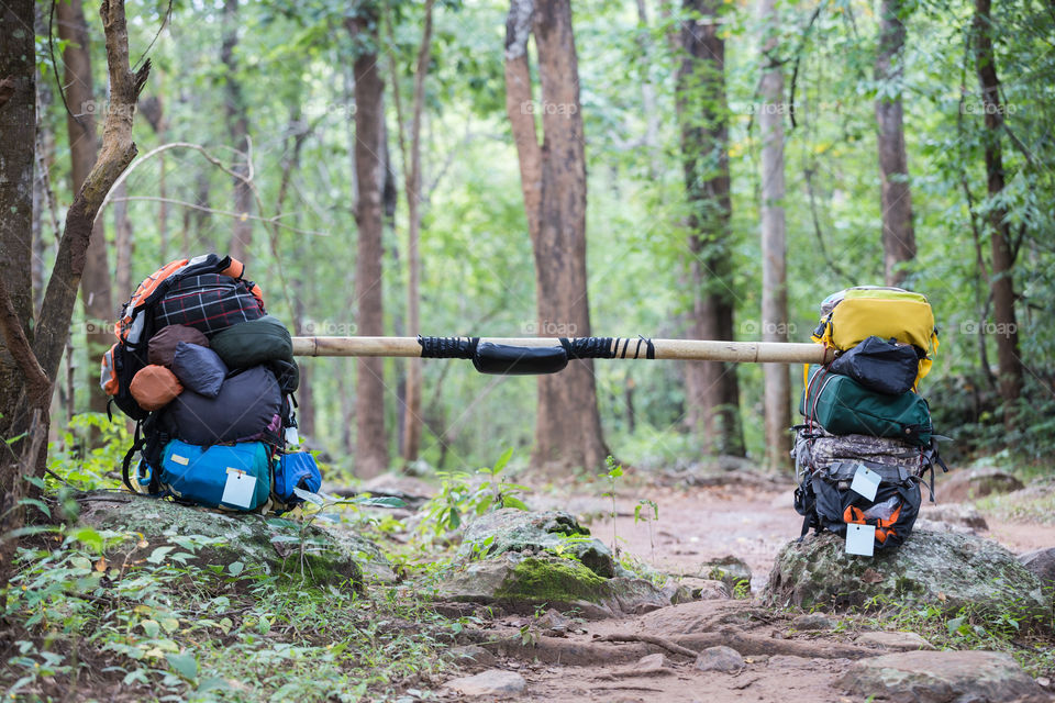 a lot of bag in the carrying stuff in Phu Kradueng national park Loei Thailand 