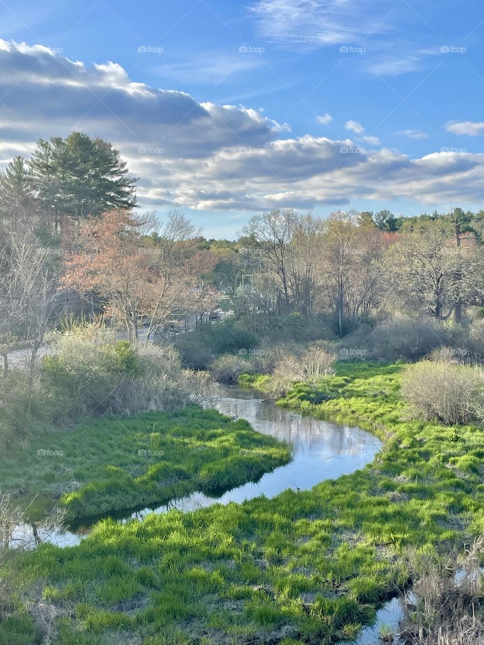 Nashoba Brook winds through lush green areas along the Bruce Freeman Rail Trail on a warm Spring afternoon. A stunning cloud layer blankets the sky, adding a peaceful, serene touch to the vibrant landscape.