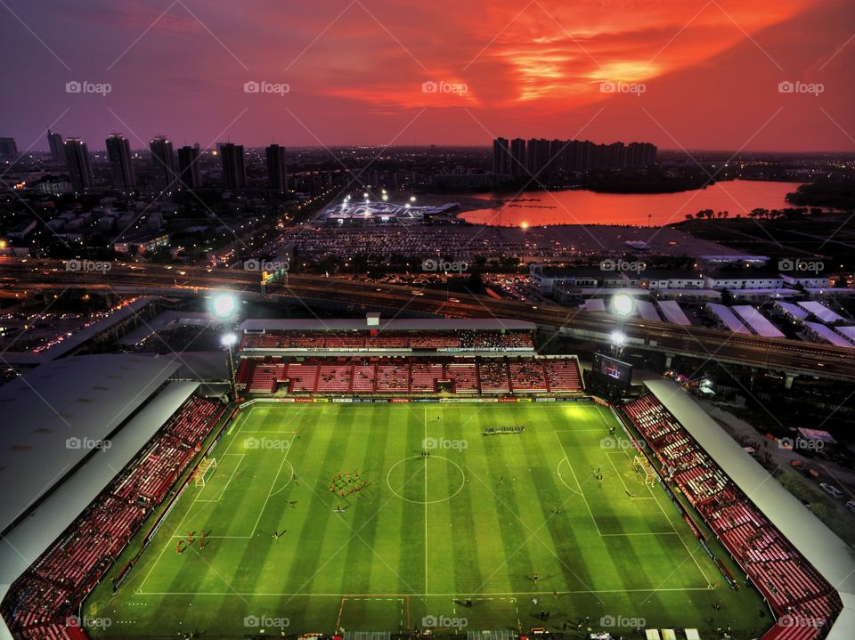 aerial drone view of SCG Muangthong Thani united football club stadium in Bangkok Thailand