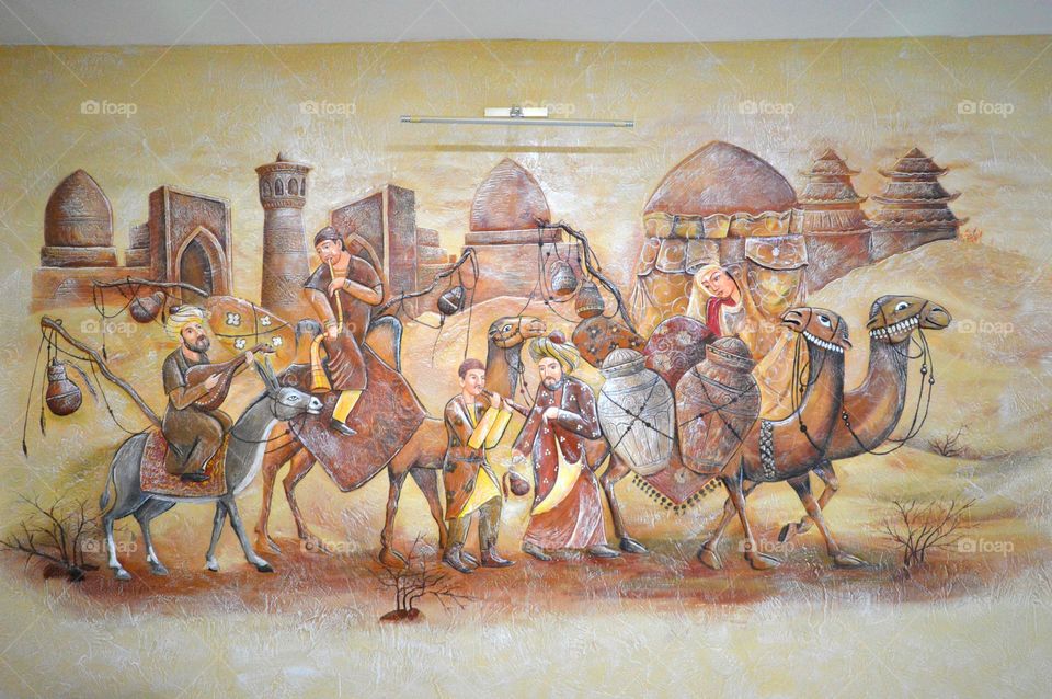 fresco bas-relief on the wall silk road through Central Asia Uzbekistan