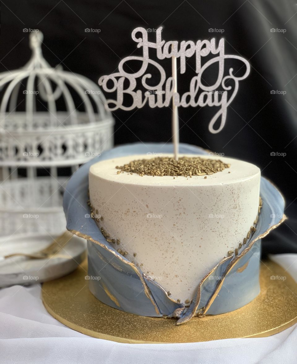 Happy birthday stylish classy cake in vintage setting black white grey minimalist 