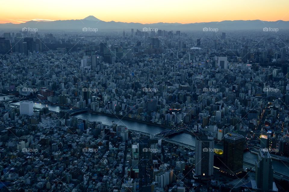 Tokyo city seen from above and in the evening