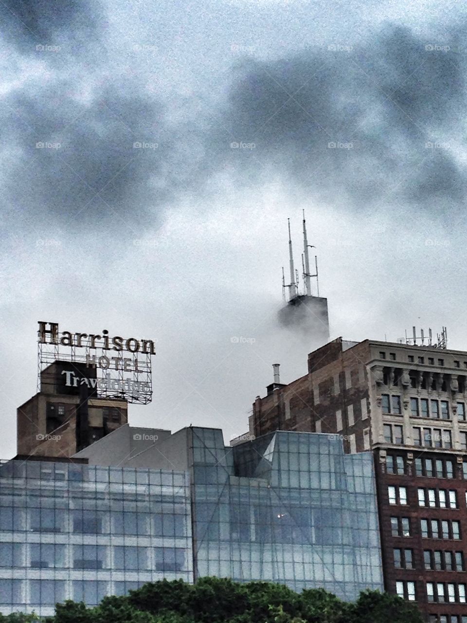 Chicago skyline. Foggy day