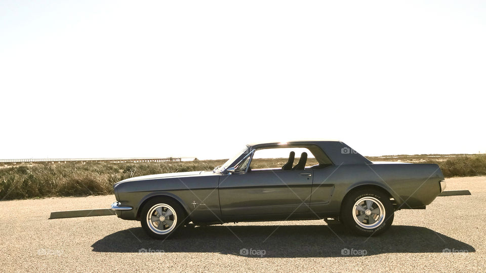 Gray 1965 ford mustang classic american muscle car by beach pier on summer day