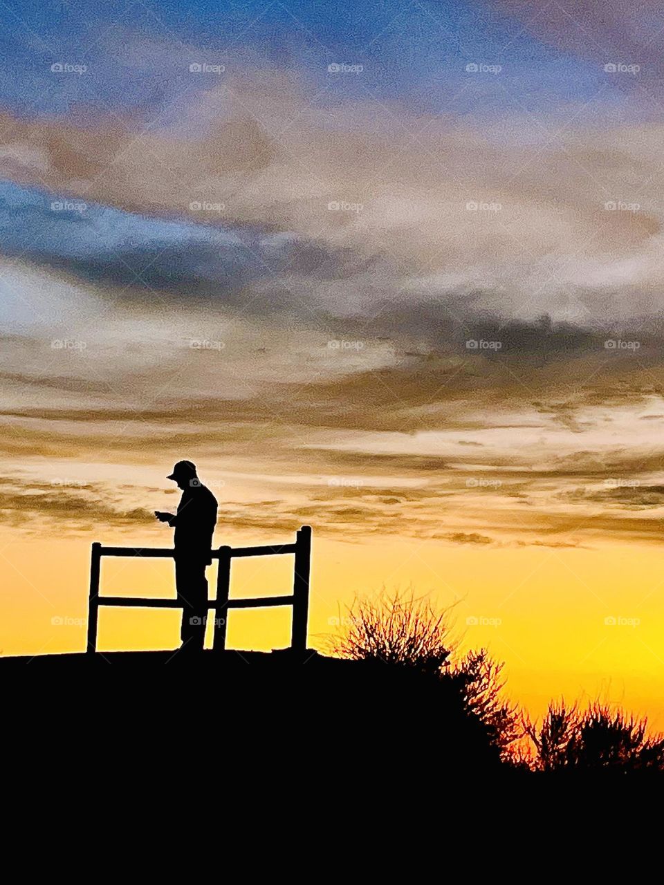 Man on cell phone at sunset