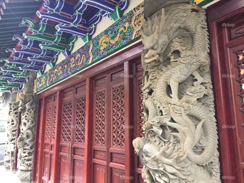 Dragons and Lions and Doors,on The Po Lin Monastery. Ngong Ping Village, Po Lin Monastery, Lantau Island, Hong Kong. 