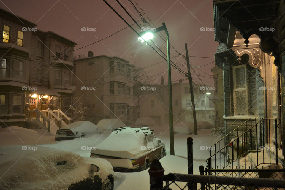 Blizzard in Boston. Blizzard covering street in Boston neighborhood of Jamaica Plain