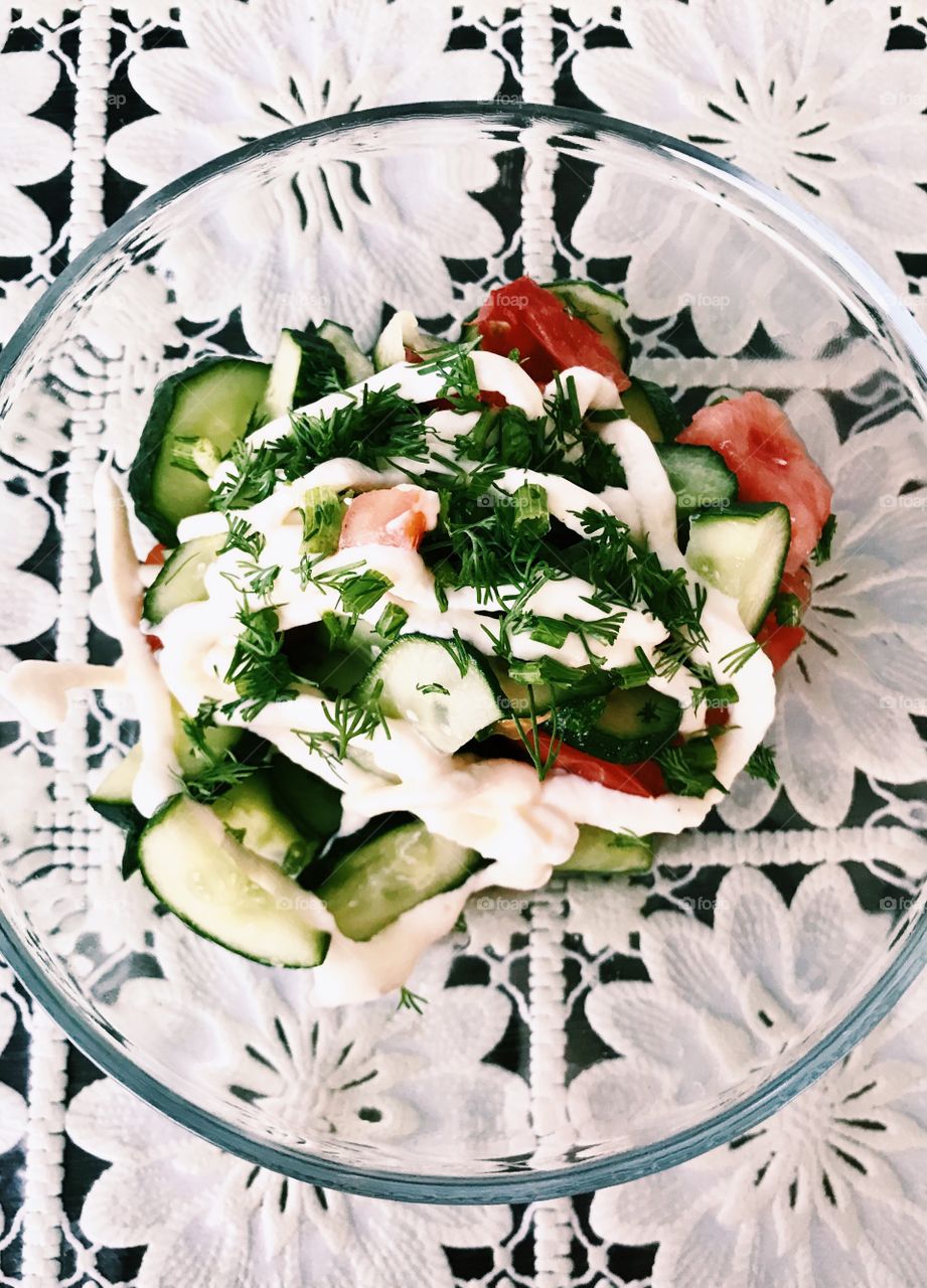 My dinner, delicious fresh tomato and cucumber salad. Food, health