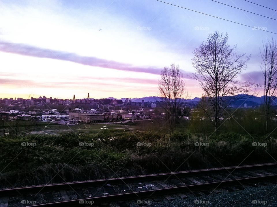 train rail sunset trees landscape