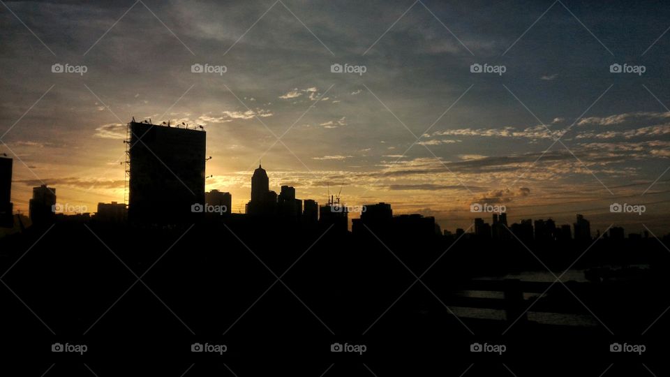 The cityscape at dusk