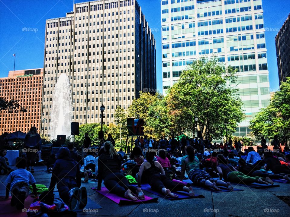 Namaste. Yoga in the park, Philadelphia PA
