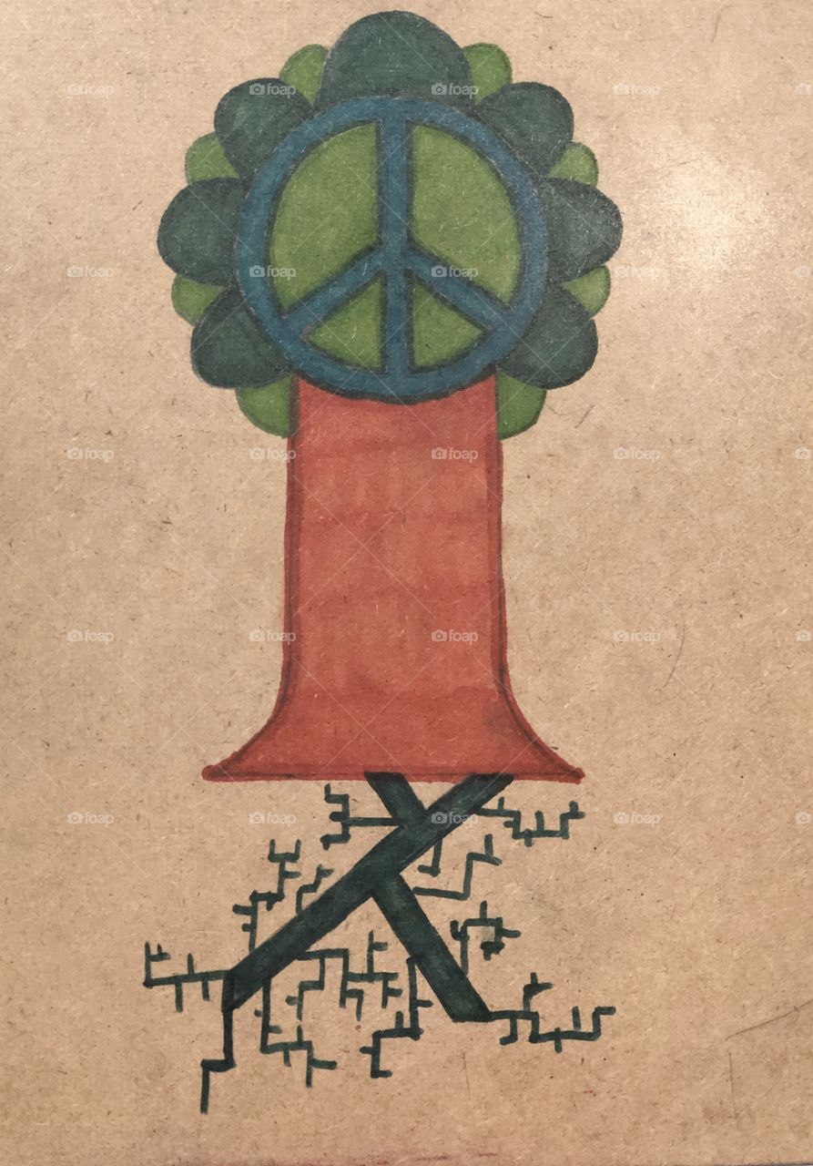 Peace Tree Hand Drawn on Recycled Cardboard