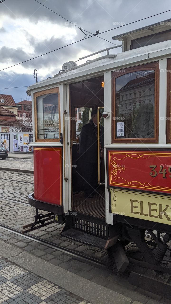 Vintage streetcar in the streets of Prague.