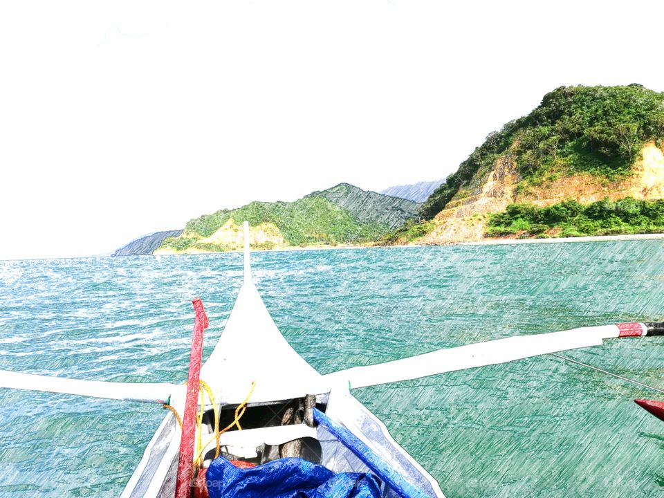 Drawing of view, from a banka (boat), of arriving on a remote island in Mindoro, Philippines