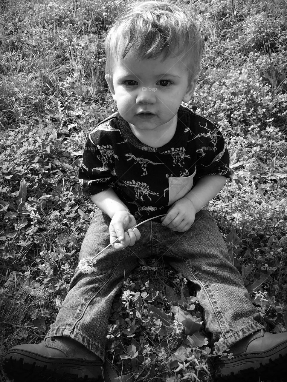 Just a boy setting in the grass with a dandelion in hand enjoying the great outdoors.  