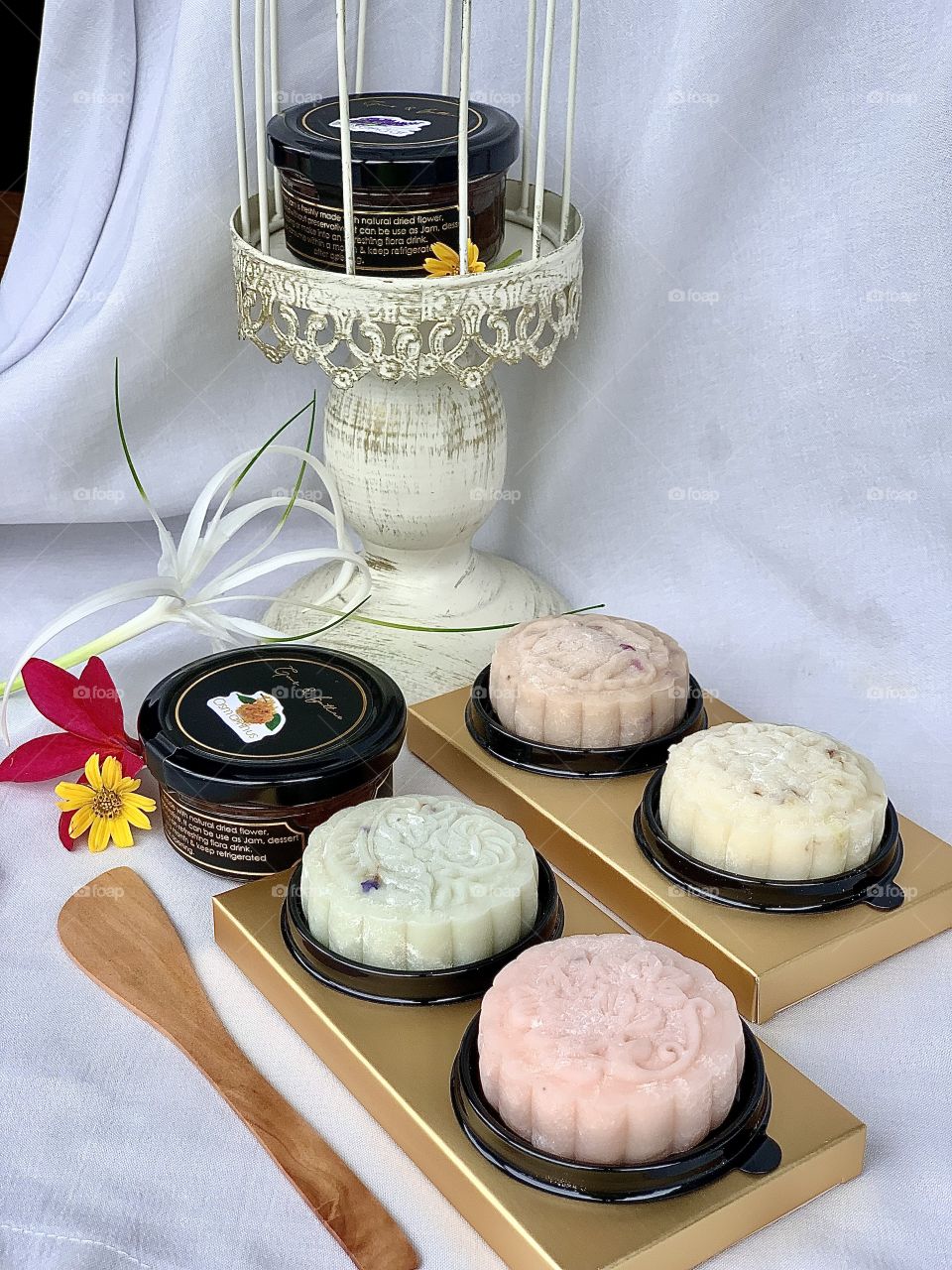 Homemade Snowskin mooncake infused with florals, for Mid Autumn festival. Comes in cherry blossom, rose, osmanthus & lavender flavours.