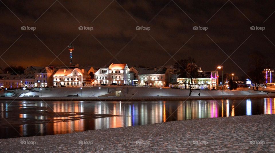 beautiful night street light windows winter time