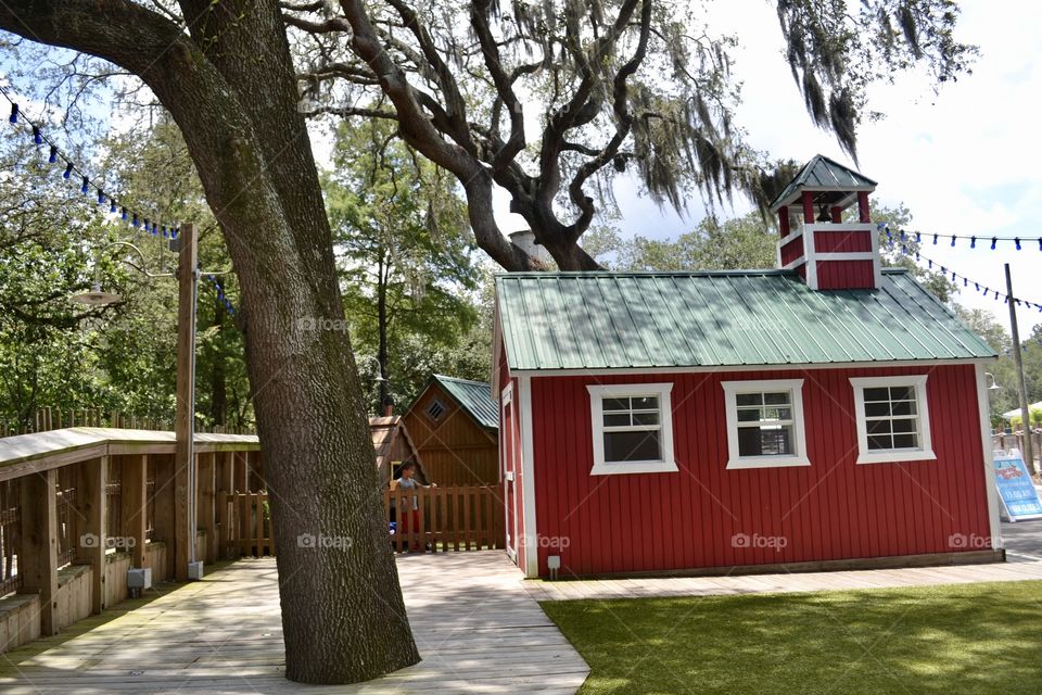 A small, red, schoolhouse next to a big oak tree