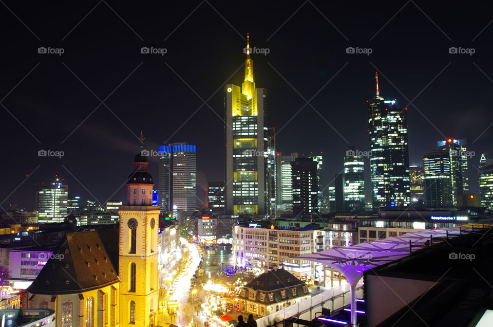 View of Frankfurt City Skyline and Christmas market