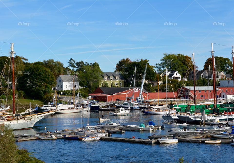 Marina full of colorful boats in various sizes. Camden Maine