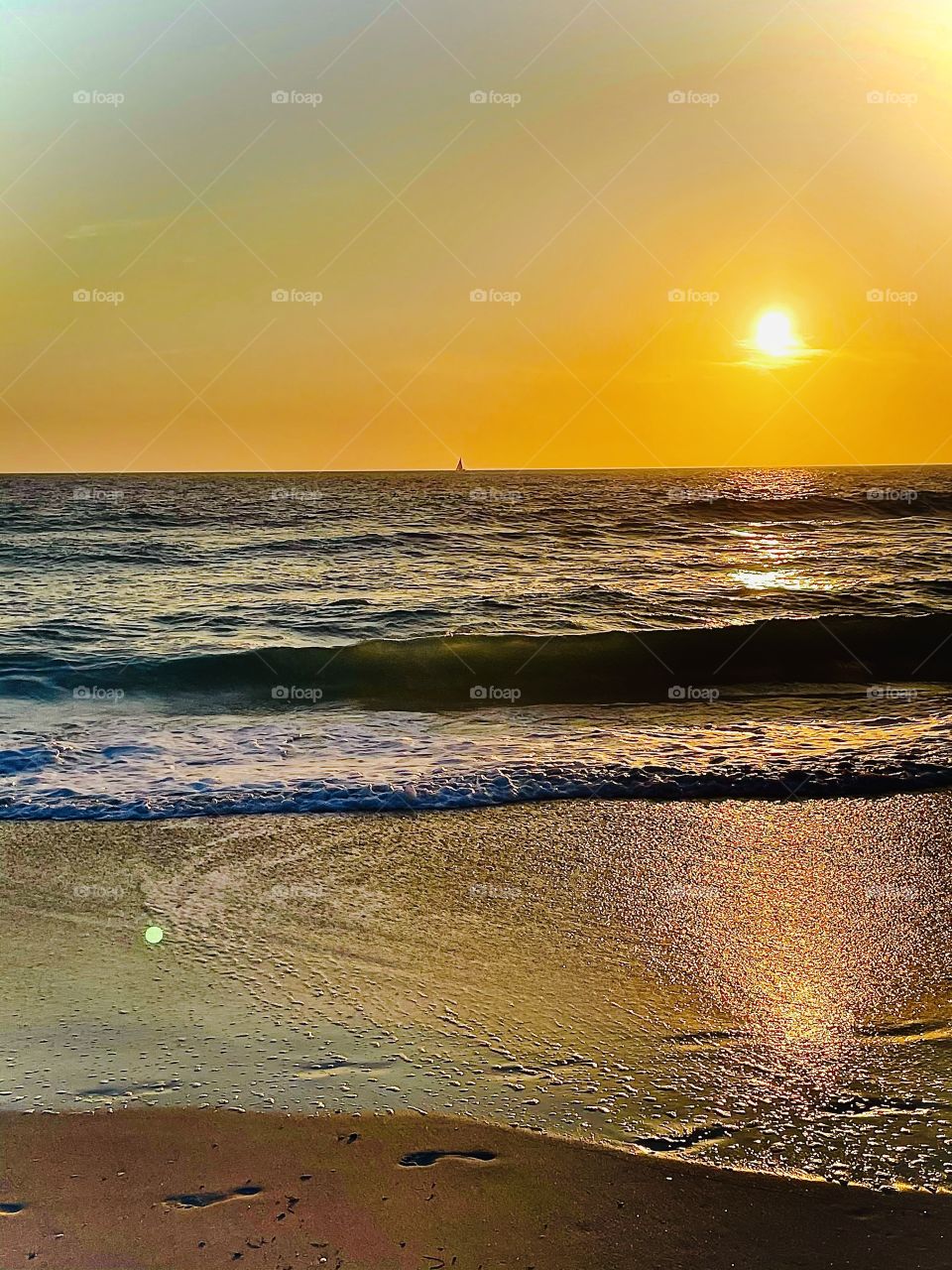Footprints in the sand at sunset