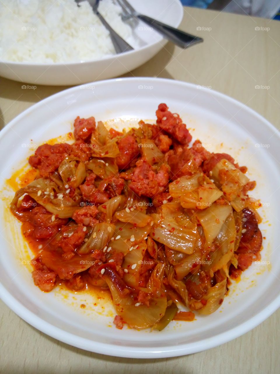 stir fry kimchi with sausage