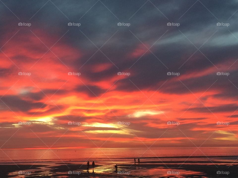 Sunset at beach . Golden hour at ocean 