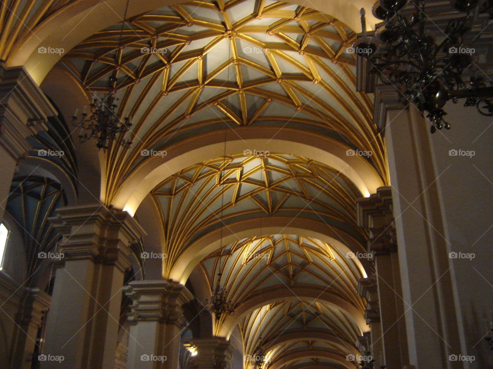 Catedral de Lima. Looking up at vaulted cathedral ceiling in Peru.