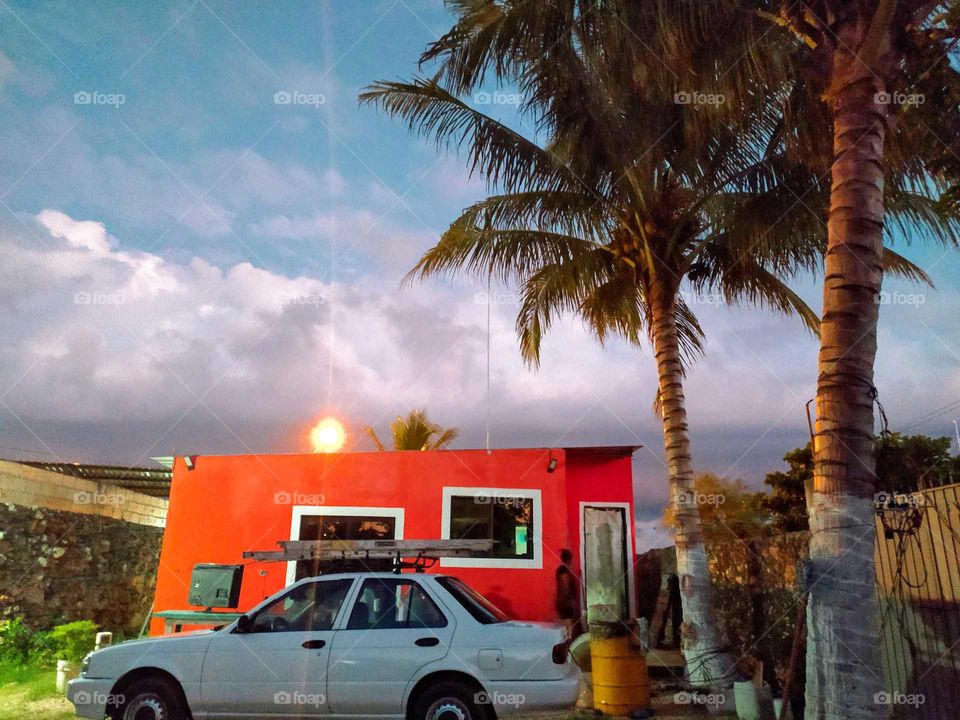 sunset in orange house with palm trees blue sky and white car