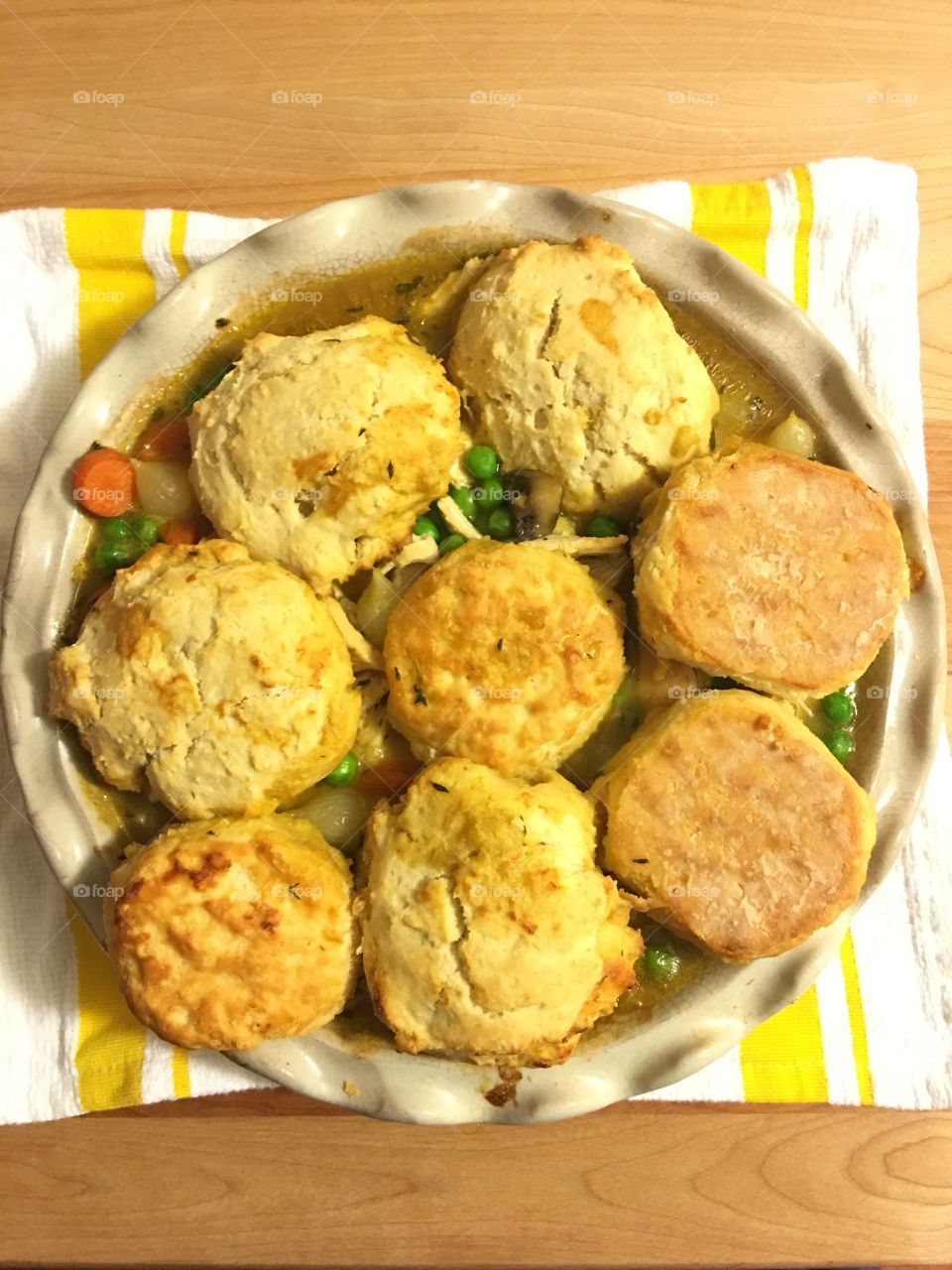 Chicken soup and biscuits flat lay