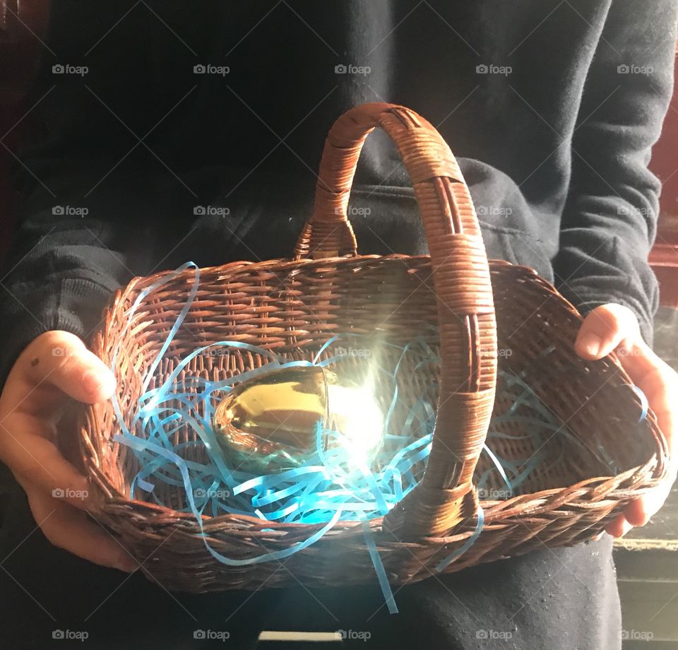 Boy holding an easter basket with a golden egg 