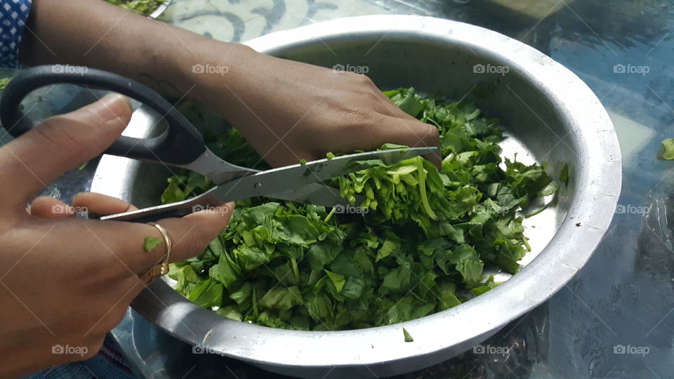 Hand cutting leaf vegetable using a scissor