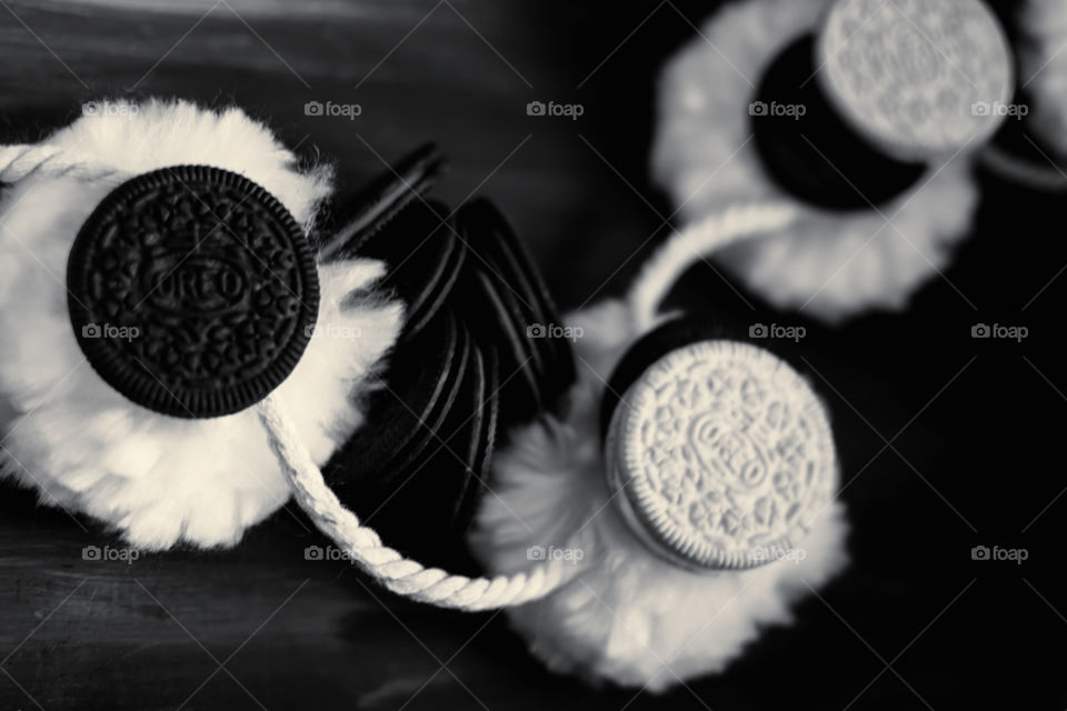 Oreo Art Photography Cute and fun Oreo Cookie art photography contrasts of black and white with normal and thin Oreos on pompon puffs
