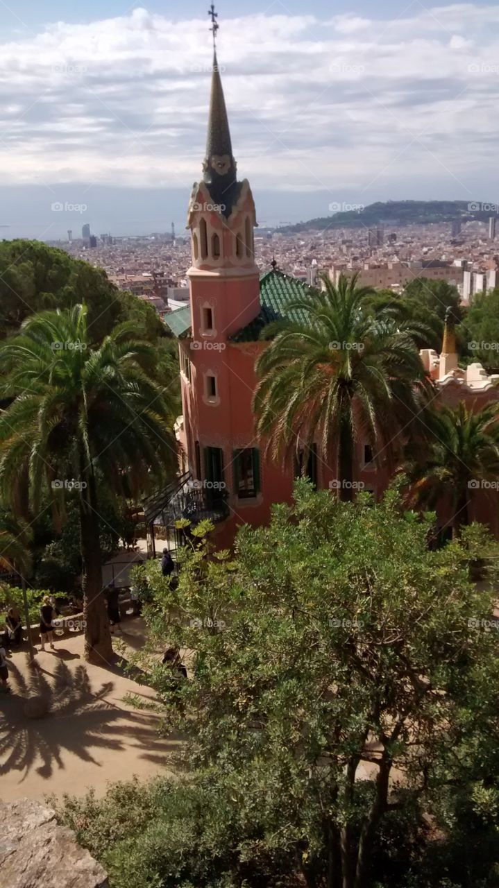 View of one of the beautiful buildings in Barcelona's Park Güell public park.
