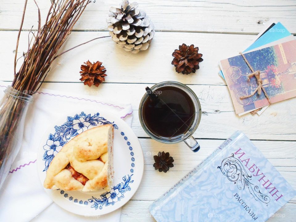 Morning coffee for reading a book and a delicious homemade pie