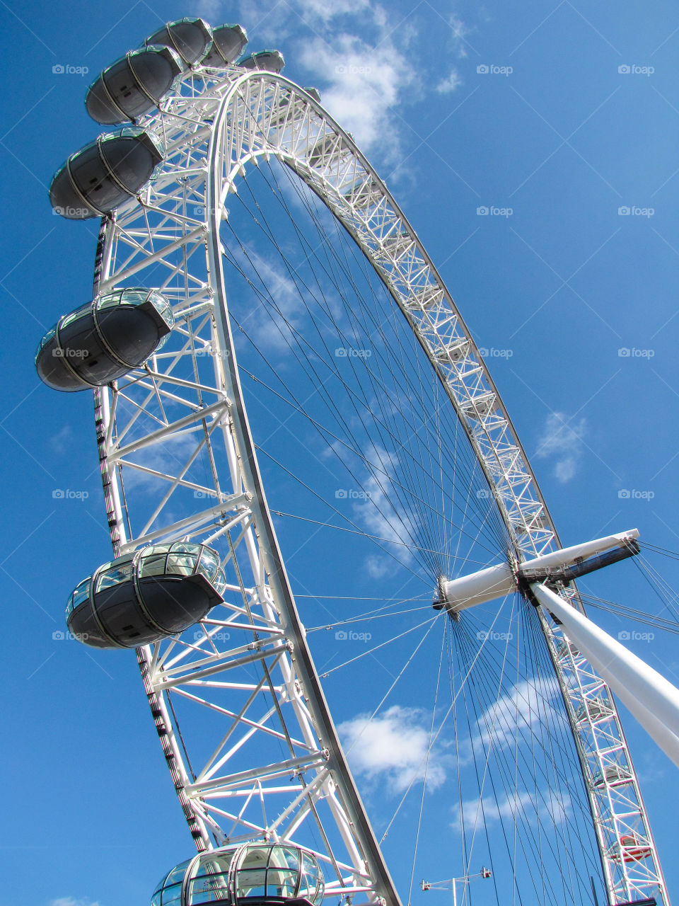a closeup of London Eye on blue sky with clouds