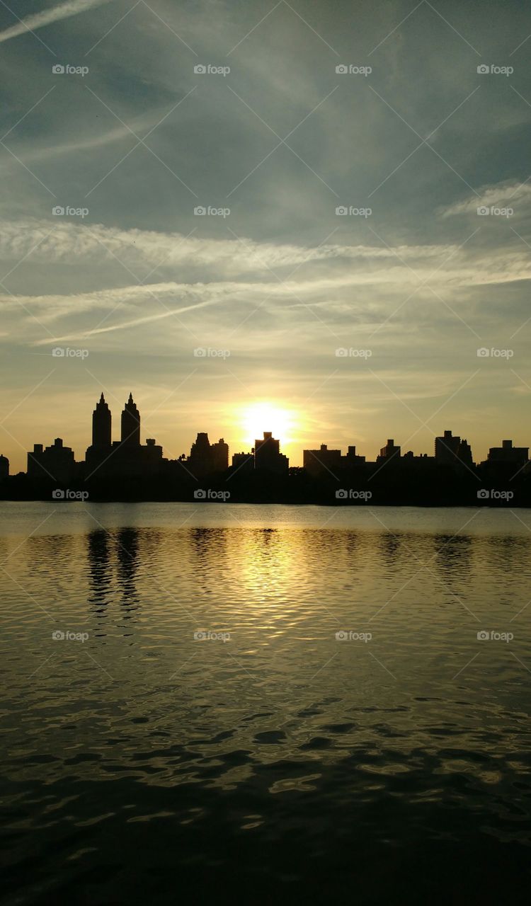 Silhouette of buildings and sunset