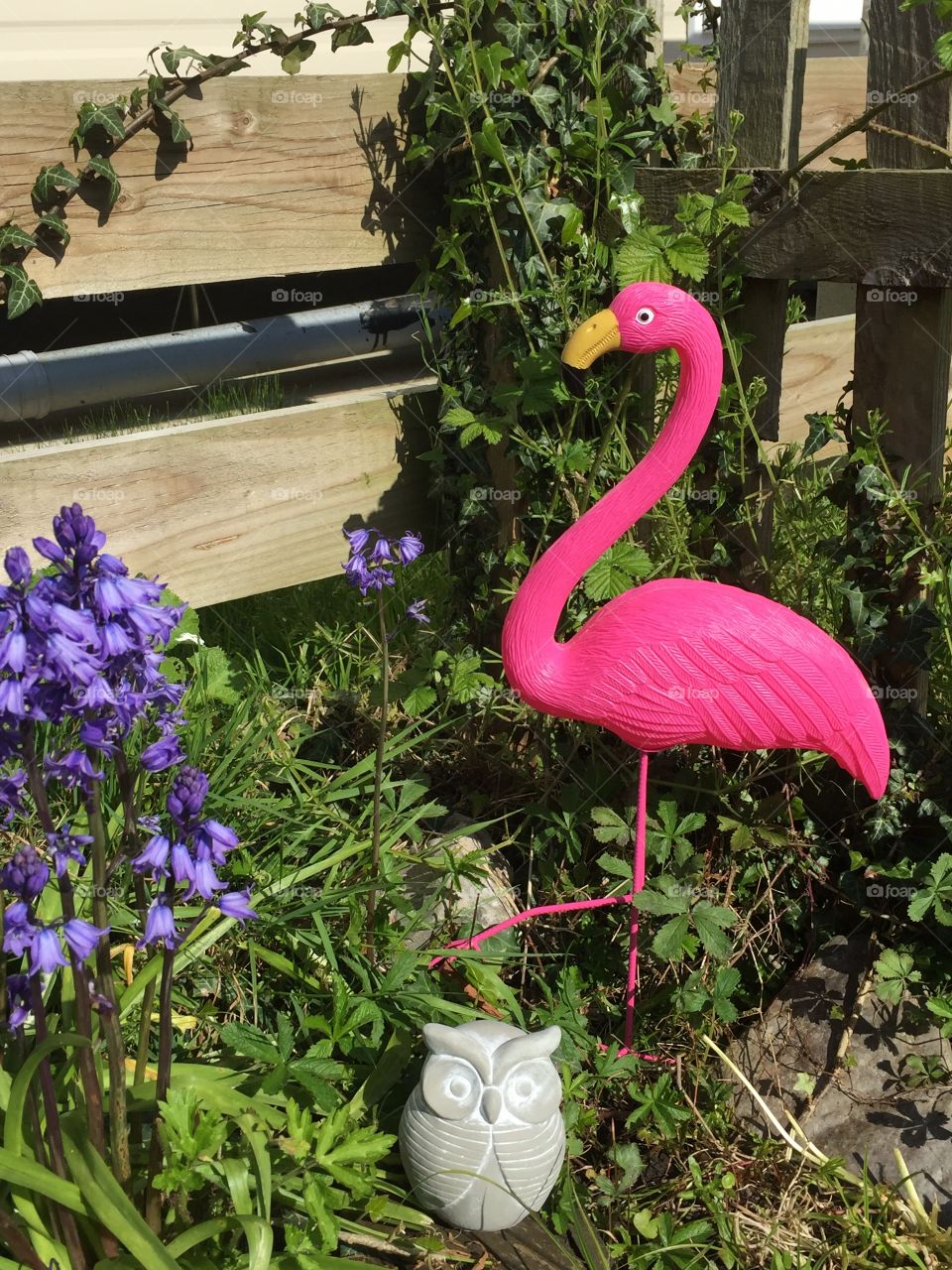 Kitsch garden with plastic pink flamingo