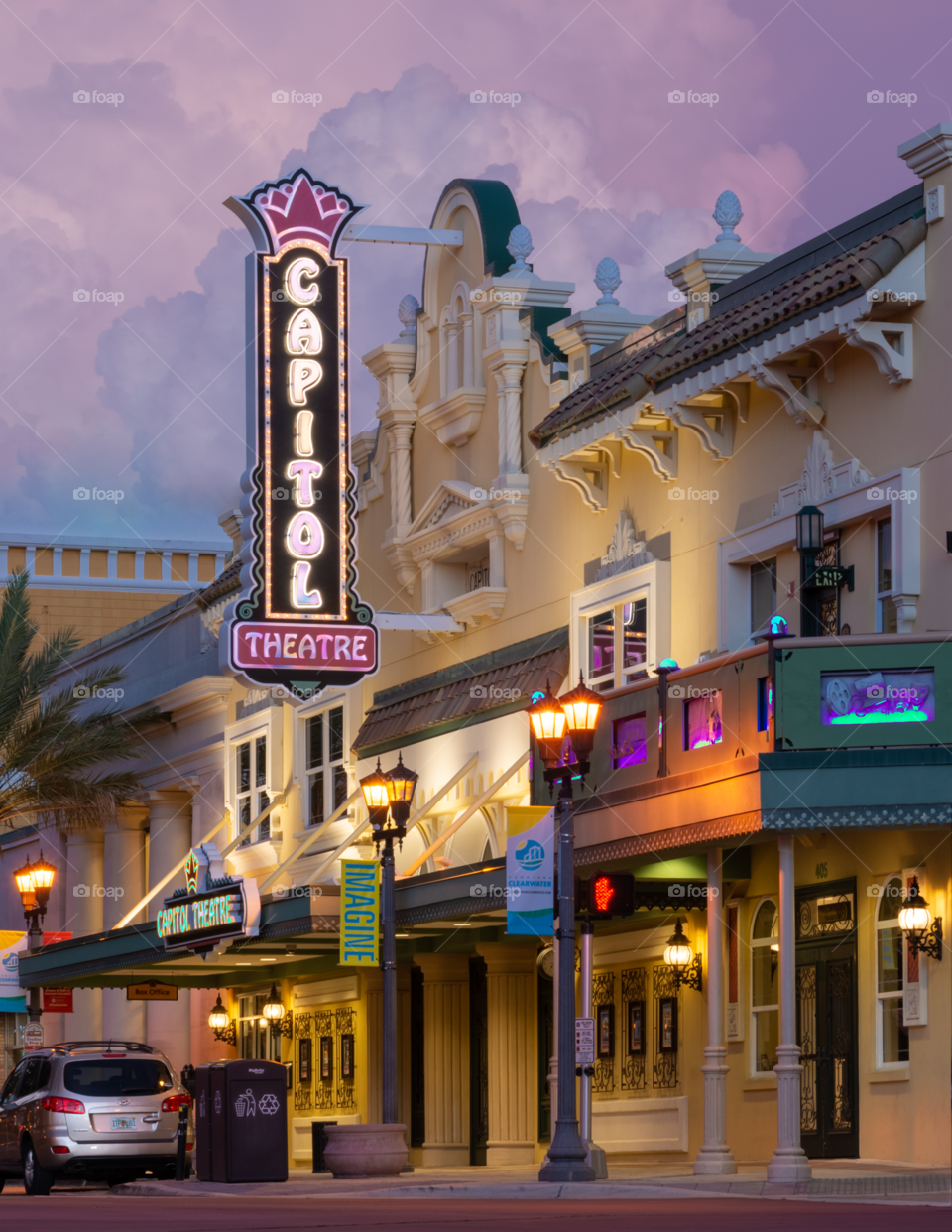 beautiful colorful theater at sunset with a storm coming in making the sky and clouds very colorful