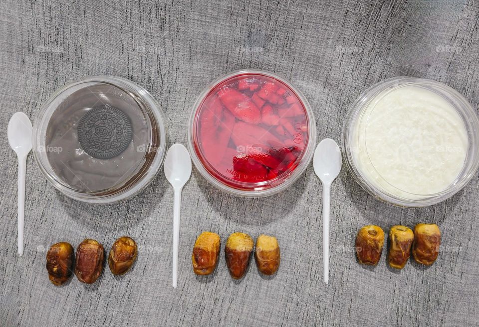 Rice pudding, banana with jelly and chocolate cake are desserts after breakfast in Ramadan.